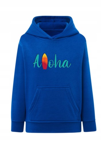 Bluza z napisem Aloha surfing Bluza z kapturem deska surfingowa hawaje Hoodie z nadrukiem wakacyjnym dla dziecka Bluza typu kangurka motyw morze plaża Prezent dla miłośnika surfingu i lata Wygodna bluza dziecięca / młodzieżowa z grafiką Aloha