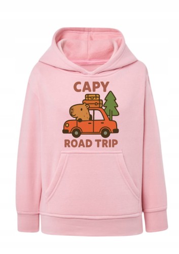 Bluza z kapibarą dziecięca Capy Road Trip Bluza z kapturem kapibara w samochodzie Hoodie z nadrukiem zwierzątka podróżnika Bluza typu kangurka motyw przygodowy wakacje Prezent dla dziecka fana kapibar i aut Wygodna bluza dziecięca z grafiką kapibara