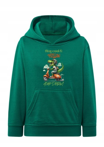 Bluza z dinozaurem Follow Your Dream Bluza z kapturem dinozaur na skuterze Hoodie z nadrukiem śmieszny dino dla dzieci Bluza typu kangurka z motywem dinozaurów i snów Prezent dla dziecka fana dinozaurów i przygód