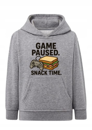 bluza dziecięca, hoodie z kapturem, szara bluza, game paused, snack time, dla gracza, gamer, zabawna bluza, prezent dla dziecka, kanapka, jedzenie, gaming style, bawełna z recyklingiem, odzież domowa