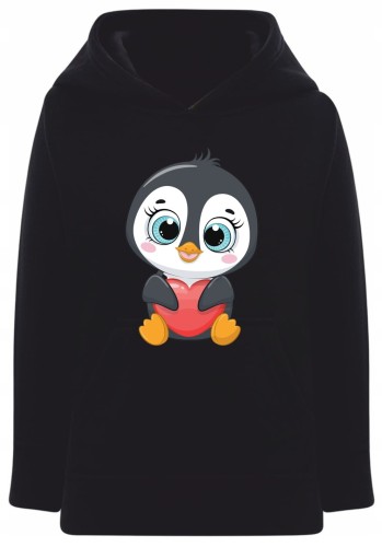 bluza dziecięca, hoodie z kapturem, uroczy pingwinek, pingwin z sercem, prezent dla dziewczynki, prezent dla chłopca, bawełna z recyklingiem, słodki nadruk, odzież dziecięca, bluza kangurka, motyw zwierzęcy, radosna grafika