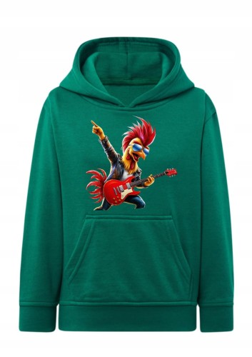 bluza dziecięca, hoodie z kapturem, rockowy kogut, gitara elektryczna, gwiazda rocka, irokez, prezent dla dziecka, muzyczny styl, bawełna z recyklingiem, śmieszny nadruk, rock style, dla fana muzyki.