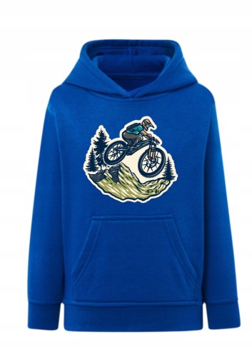Bluza z rowerem górskim dla dziecka Bluza z kapturem rowerzysta góry cross Hoodie z nadrukiem MTB downhill dziecięca Bluza typu kangurka motyw rowerowy sportowy Prezent dla fana rowerów i wycieczek górskich Wygodna bluza dziecięca z grafiką rower w lesie