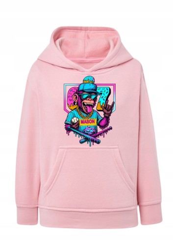 Bluza z małpą bejsbolistą Mason 67 Bluza z kapturem neonowy nadruk streetwear Hoodie z grafiką małpa w okularach hip-hop Bluza typu kangurka z motywem bejsbolowym Prezent dla nastolatka stylowa bluza z nadrukiem