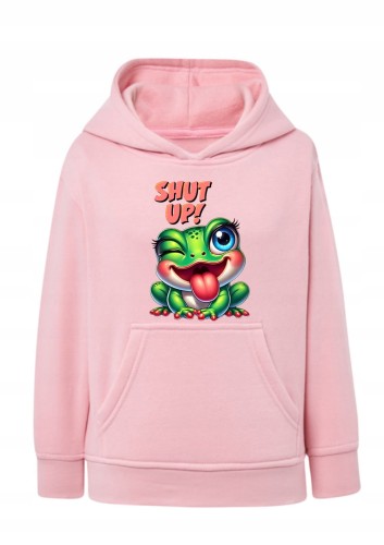 Bluza z żabą napisem Shut up Bluza z kapturem śmieszny nadruk żaba Hoodie z grafiką żabka wystawia język Bluza typu kangurka z zabawnym hasłem Prezent dla nastolatka fana humoru i żab Wygodna bluza dziecięca / młodzieżowa z nadrukiem