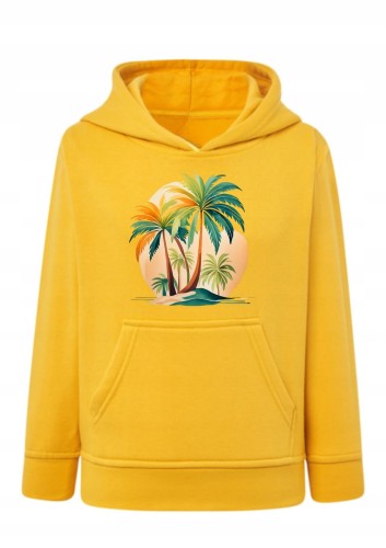 Bluza z palmami dziecięca młodzieżowa Bluza z kapturem motyw tropikalny słońce Hoodie z nadrukiem wakacyjnym egzotyka Bluza typu kangurka z grafiką palmy Prezent dla miłośnika podróży i lata Wygodna bluza z nadrukiem drzewa kokosowe