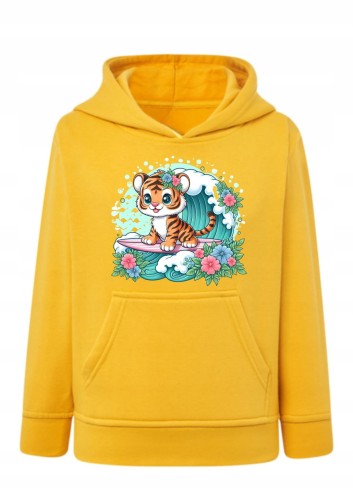 Bluza z tygryskiem dla dziecka Bluza z kapturem tygrys na surfingu Urocze hoodie z motywem morskim Bluza typu kangurka tygrysek surfing Prezent dla dziecka fana tygrysów i morza Wygodna bluza dziecięca z nadrukiem zwierząt