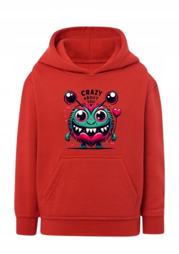 Bluza Crazy About You z kapturem Bluza z potworkiem i sercami Urocza bluza dla dzieci i młodzieży Hoodie z nadrukiem śmieszny stworek Prezent na Walentynki lub urodziny Bluza typu kangurka z grafiką potwór