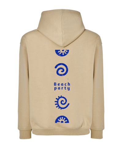Bluza oversize unisex w kolorze waniliowym z nadrukiem na plecach w stylu vintage. Nadruk „Beach Party” w intensywnym niebieskim kolorze nadaje koszulce unikalny, plażowy charakter.
