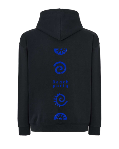 Bluza oversize unisex w kolorze czarnym z nadrukiem na plecach w stylu vintage. Nadruk „Beach Party” w intensywnym niebieskim kolorze nadaje koszulce unikalny, plażowy charakter.