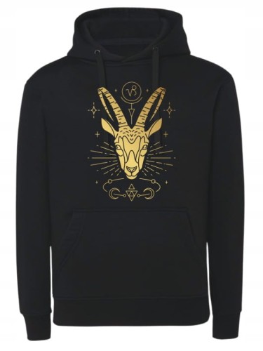 bluza zodiak koziorożec, hoodie znak zodiaku, prezent dla koziorożca, bluza z astrologicznym nadrukiem, wygodna kangurka, odzież z motywem gwiazd, bluza z kapturem koziorożec, prezent urodzinowy zodiak, bluza mystic gold, stylowy nadruk zodiakalny