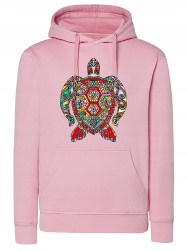 bluza żółw mandala, bluza z żółwiem mozaika, hoodie z nadrukiem mandala, kolorowa bluza z kapturem, prezent dla miłośnika żółwi, bluza z grafiką zwierząt, wygodna kangurka, odzież boho lifestyle, bluza z etnicznym wzorem, unikalny nadruk żółw