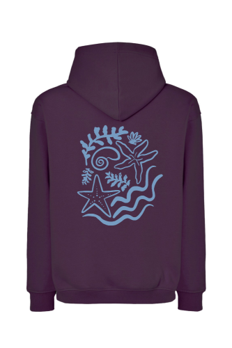 Bluza z kapturem oversize w kolorze śliwkowym z nadrukiem Blue Lagoon. Modny nadruk w błękitnym odcieniu z motywem morskiej rozgwiazdy i roślin sprawia, że bluza świetnie wpisuje się w letnie stylizacje.