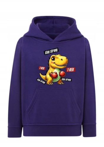 Bluza z dinozaurem Stay Strong Bluza z kapturem T-Rex w rękawicach bokserskich Hoodie z nadrukiem dinozaur boks Bluza typu kangurka z motywem bokserskim Prezent dla dziecka fana dinozaurów i sportu Wygodna bluza dziecięca z grafiką motywacyjną