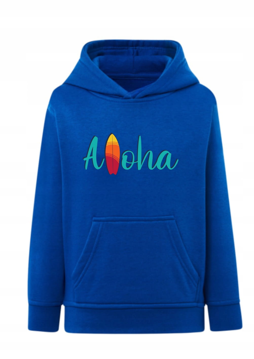 Bluza z napisem Aloha surfing Bluza z kapturem deska surfingowa hawaje Hoodie z nadrukiem wakacyjnym dla dziecka Bluza typu kangurka motyw morze plaża Prezent dla miłośnika surfingu i lata Wygodna bluza dziecięca / młodzieżowa z grafiką Aloha