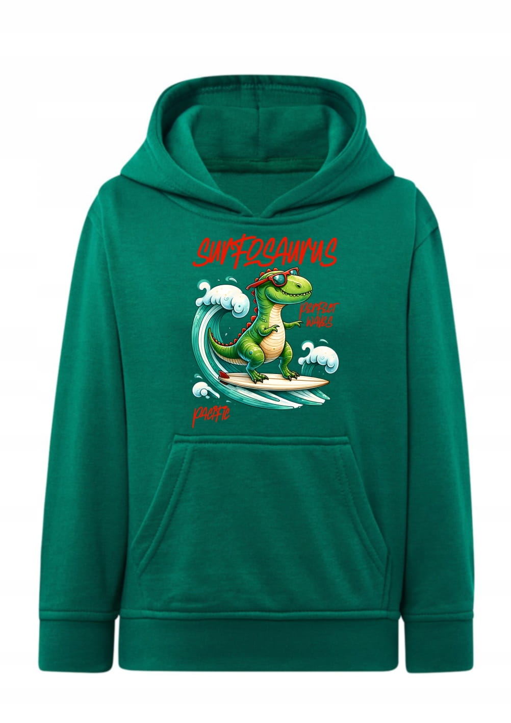Bluza z dinozaurem Surfosaurus Bluza z kapturem dinozaur na surfingu Hoodie z nadrukiem śmieszny T-Rex na fali Bluza typu kangurka z motywem morskim dino Prezent dla fana dinozaurów i surfingu Wygodna bluza dziecięca z grafiką dinozaur w okularach