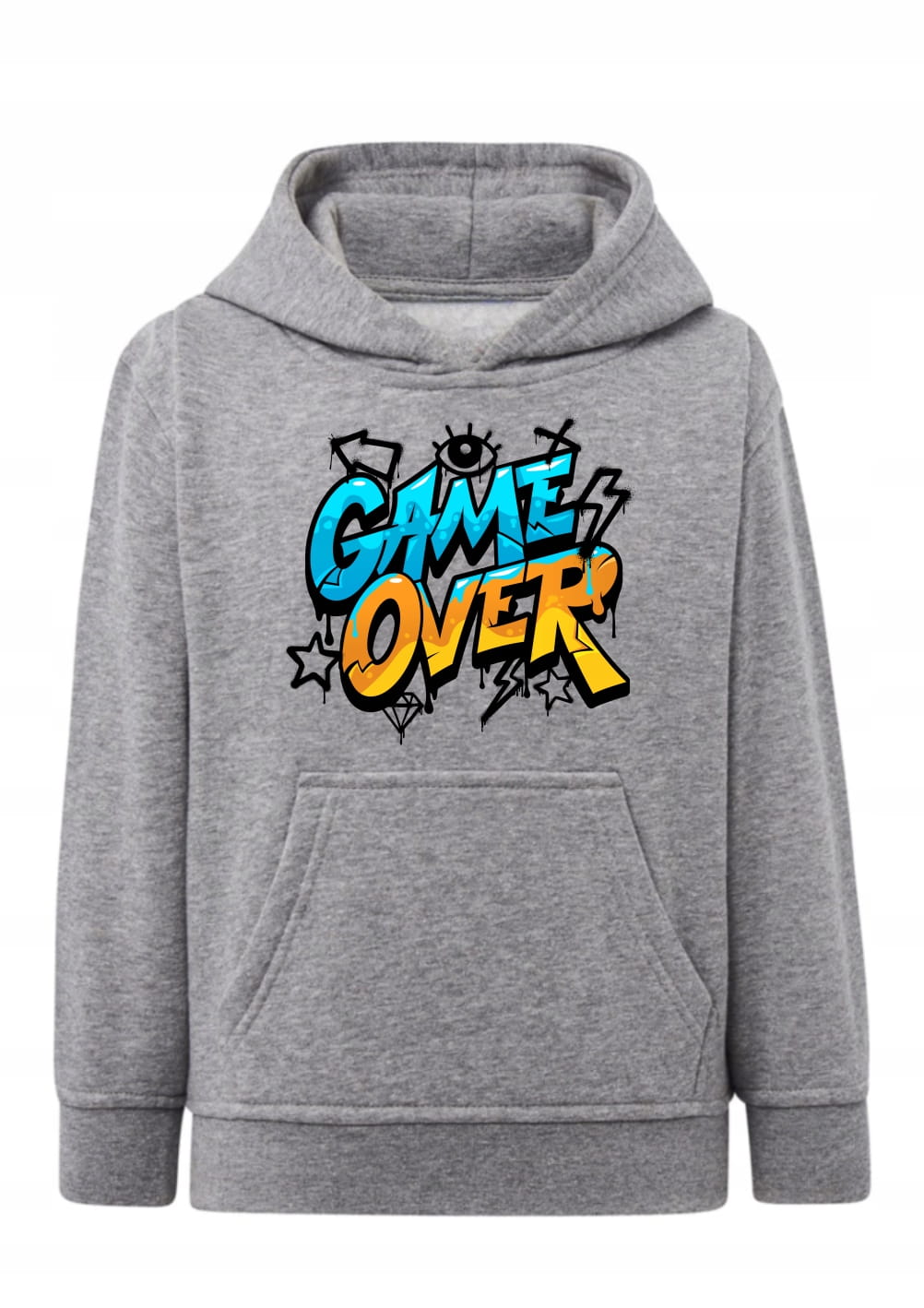 bluza dziecięca, hoodie z kapturem, szara bluza, game over, dla gracza, gamer, graffiti, street style, prezent dla syna, odzież gamingowa, bawełna z recyklingiem, bluza kangurka, nadruk graffiti
