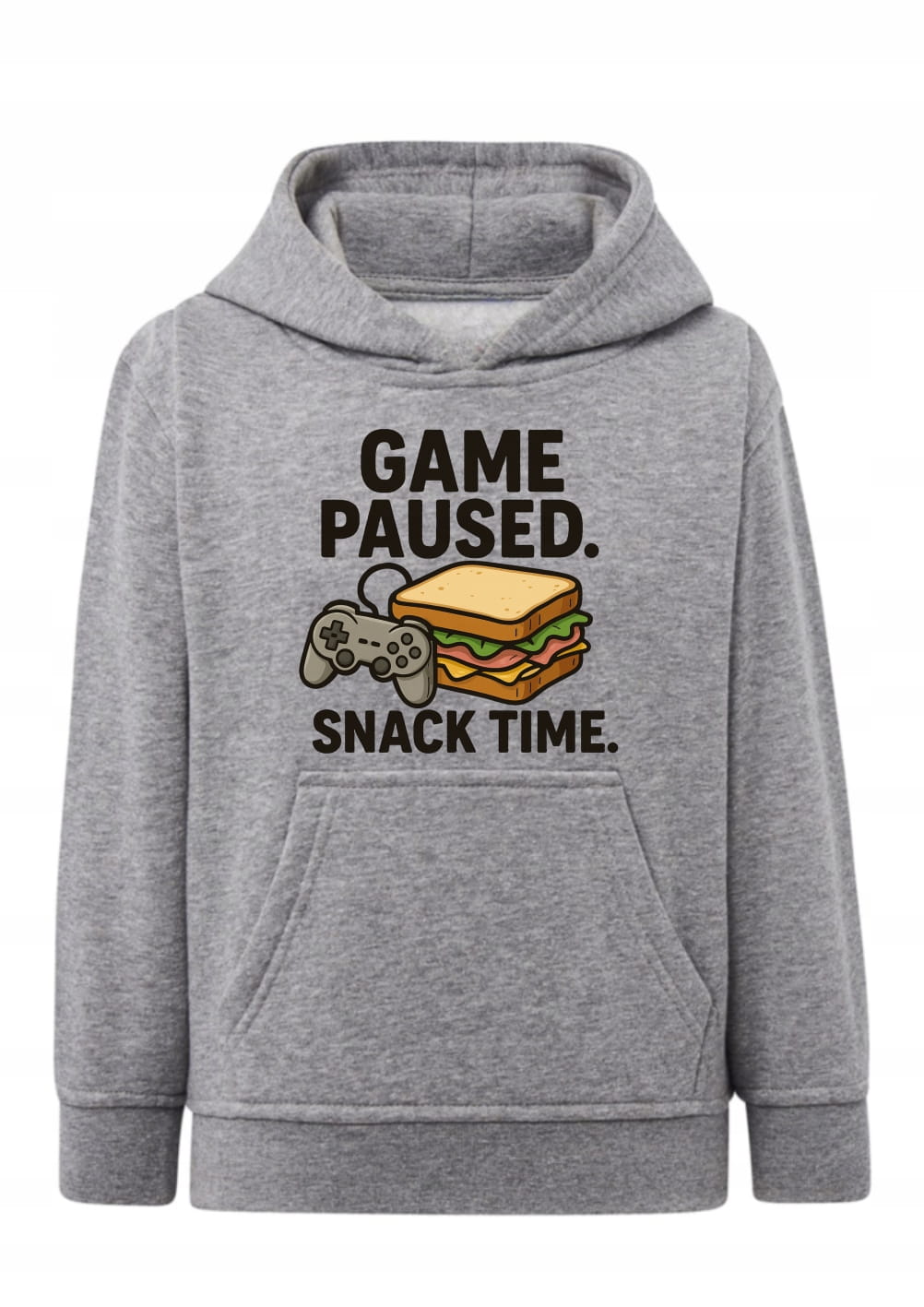 bluza dziecięca, hoodie z kapturem, szara bluza, game paused, snack time, dla gracza, gamer, zabawna bluza, prezent dla dziecka, kanapka, jedzenie, gaming style, bawełna z recyklingiem, odzież domowa