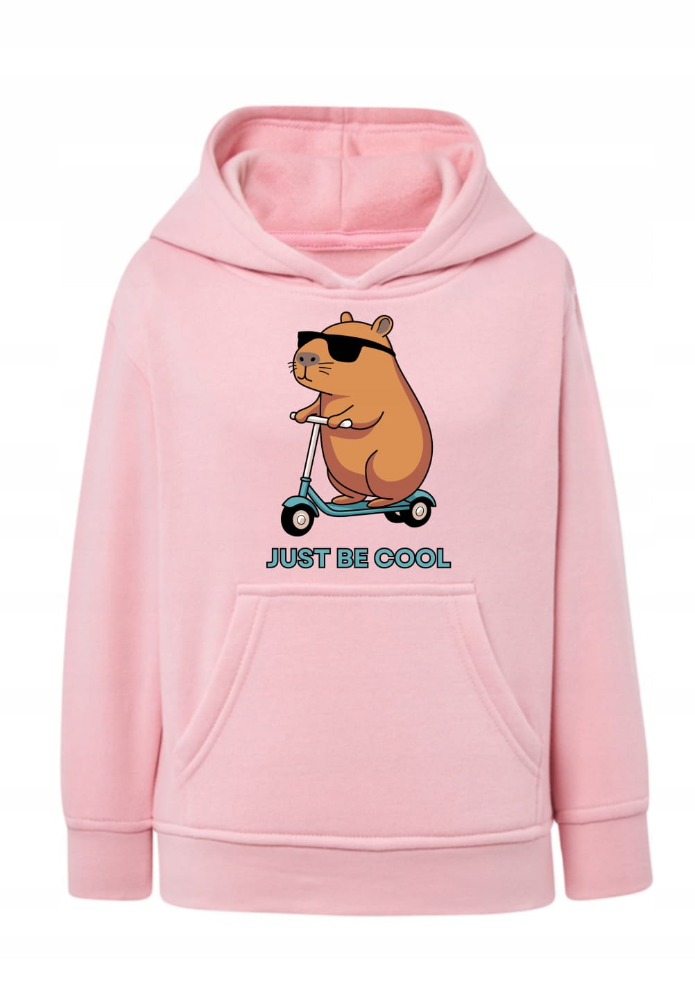 Bluza z kapibarą dla dzieci Just Be Cool Bluza z kapturem kapibara na hulajnodze Hoodie z nadrukiem śmieszna kapibara w okularach Bluza typu kangurka z grafiką zwierząt Prezent dla fana kapibar i rolek/hulajnogi Modna bluza dziecięca kapibara cool