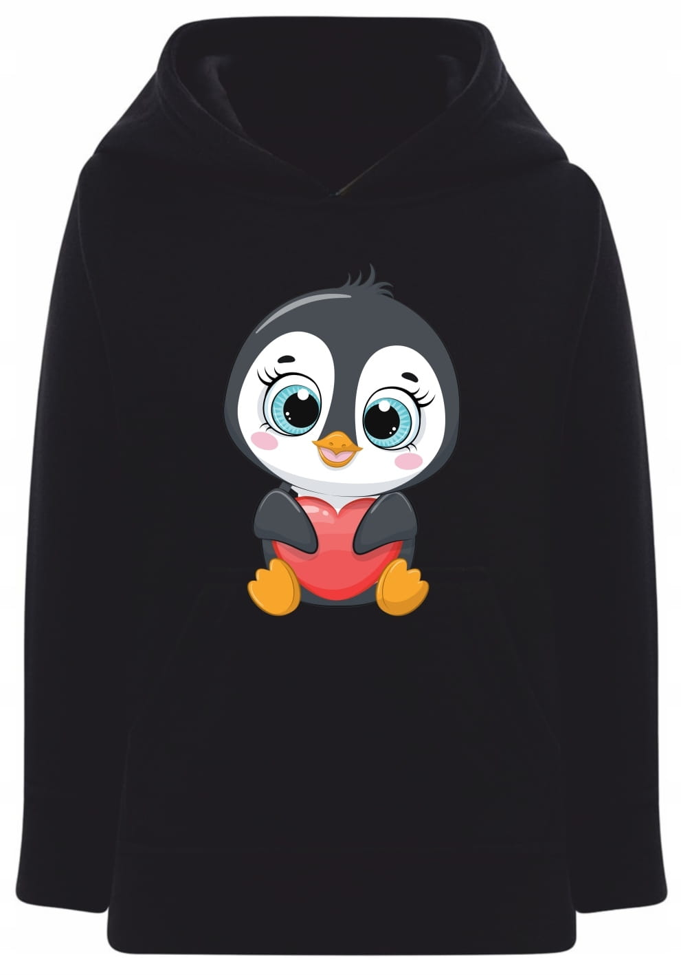 bluza dziecięca, hoodie z kapturem, uroczy pingwinek, pingwin z sercem, prezent dla dziewczynki, prezent dla chłopca, bawełna z recyklingiem, słodki nadruk, odzież dziecięca, bluza kangurka, motyw zwierzęcy, radosna grafika