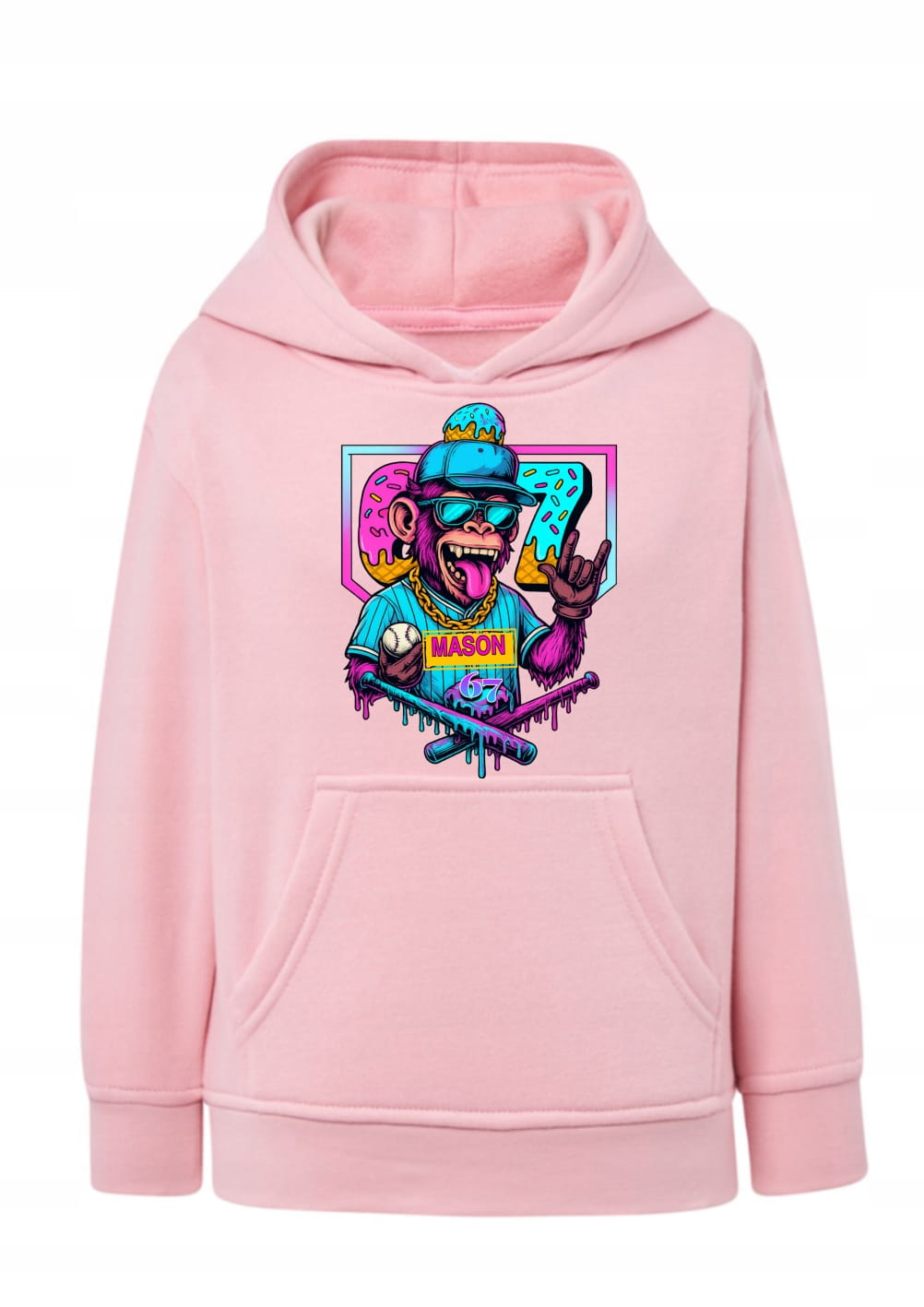 Bluza z małpą bejsbolistą Mason 67 Bluza z kapturem neonowy nadruk streetwear Hoodie z grafiką małpa w okularach hip-hop Bluza typu kangurka z motywem bejsbolowym Prezent dla nastolatka stylowa bluza z nadrukiem