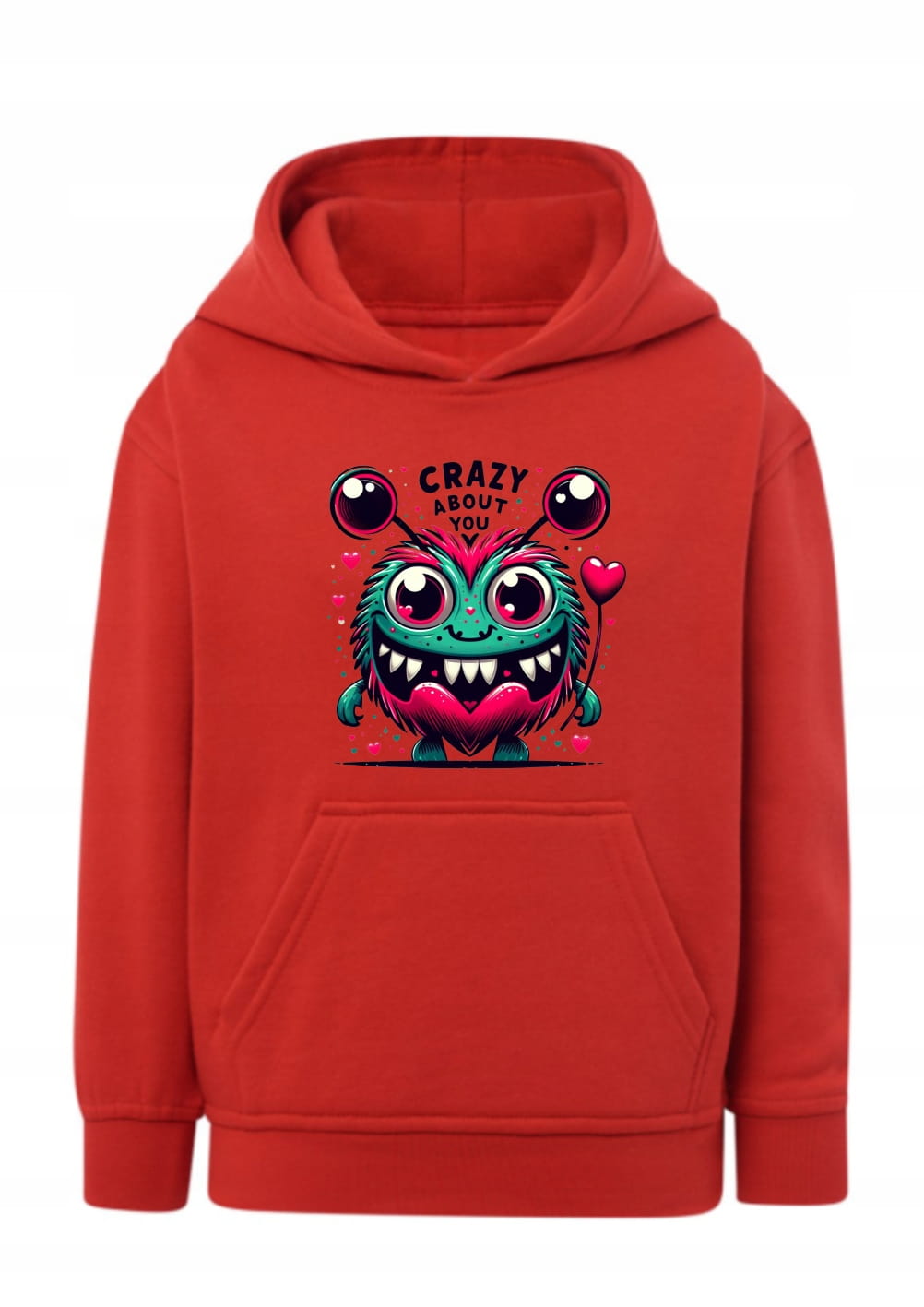 Bluza Crazy About You z kapturem Bluza z potworkiem i sercami Urocza bluza dla dzieci i młodzieży Hoodie z nadrukiem śmieszny stworek Prezent na Walentynki lub urodziny Bluza typu kangurka z grafiką potwór
