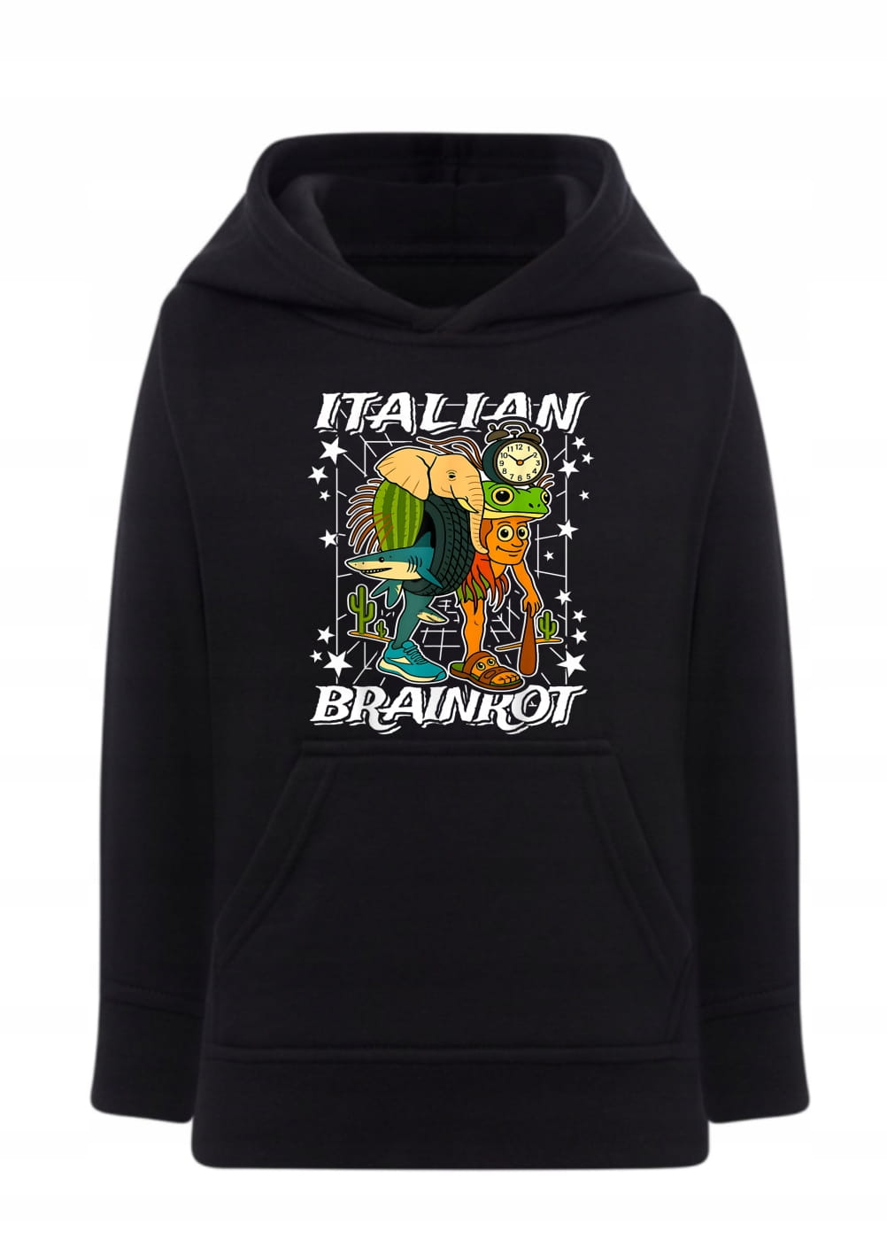 Bluza Italian Brainrot memy Bluza z kapturem surreal meme Hoodie z nadrukiem gen alpha humor Bluza typu kangurka śmieszny nadruk Prezent dla nastolatka fana memów Modna bluza z grafiką żaba słoń kaktus