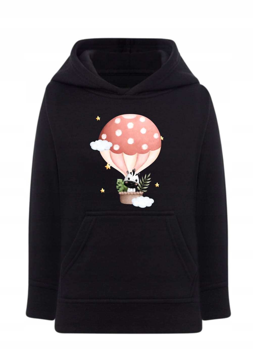 Bluza z zebrą w balonie Dziecięca bluza z kapturem z nadrukiem Urocza bluza dla dziewczynki i chłopca Bluza typu kangurka motyw balon gwiazdki Prezent dla dziecka fana zwierzątek Bluza z grafiką akwarelową dla dzieci