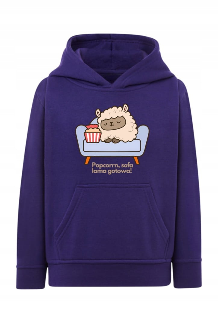 Bluza z lamą dla dzieci sofa popcorn Bluza z kapturem motyw wieczór filmowy Urocze hoodie z grafiką lama na kanapie Bluza typu kangurka dla fana bajek i kina Prezent dla dziecka fana lam i słodkich wzorów