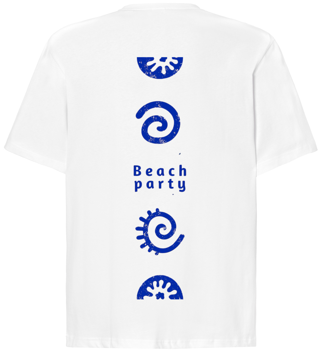 Koszulka oversize unisex w kolorze białym z nadrukiem na plecach w stylu vintage. Nadruk „Beach Party” w intensywnym niebieskim kolorze.