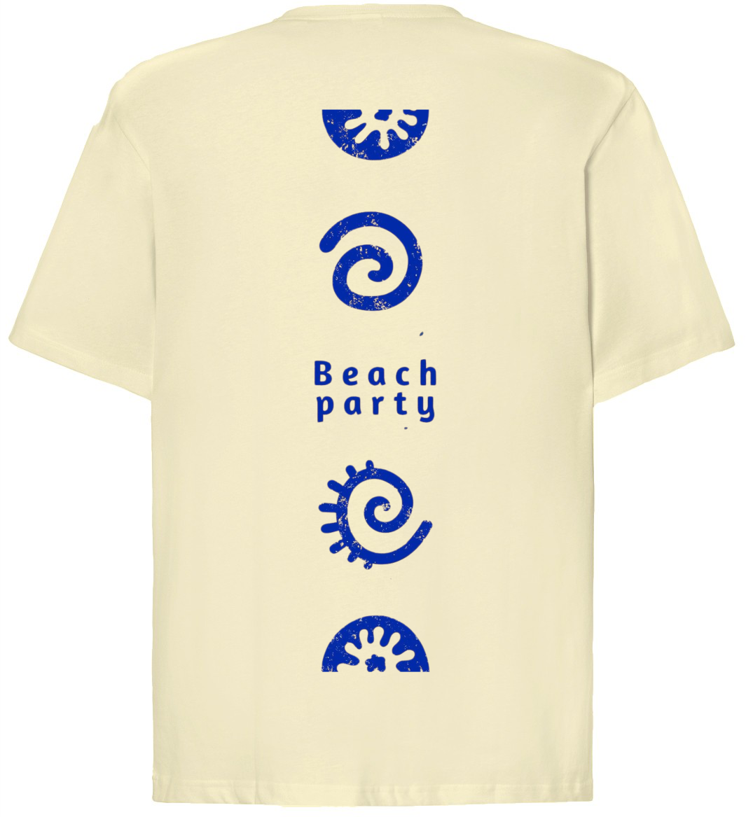 Koszulka oversize unisex w kolorze waniliowym z nadrukiem na plecach w stylu vintage. Nadruk „Beach Party” w intensywnym niebieskim kolorze.