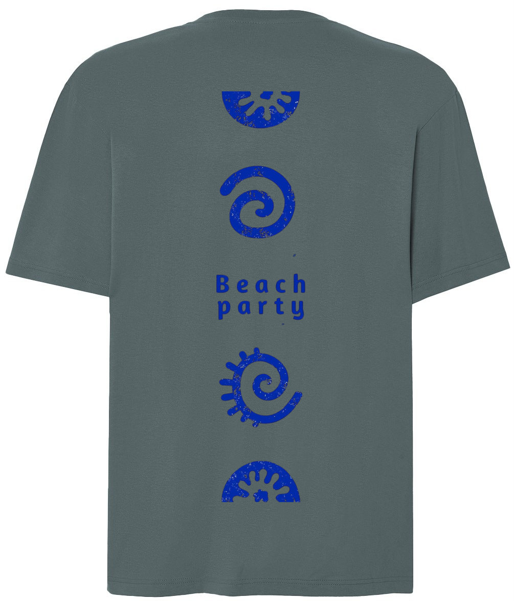 Koszulka oversize unisex w kolorze petrolowym z nadrukiem na plecach w stylu vintage. Nadruk „Beach Party” w intensywnym niebieskim kolorze.