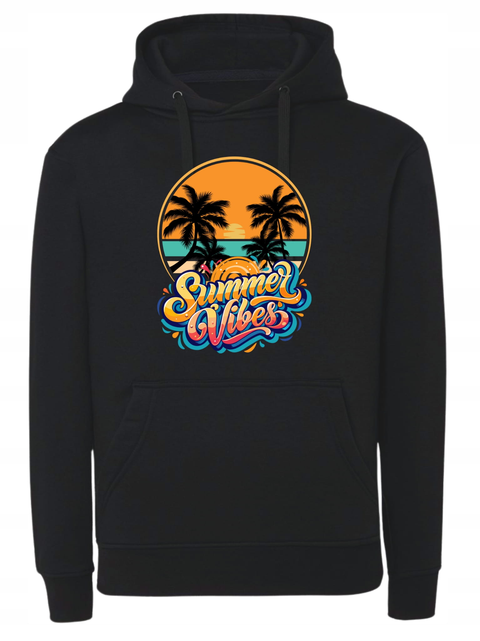 bluza summer vibes, hoodie z palmami, bluza wakacyjna, prezent dla podróżnika, wygodna kangurka, odzież letnia z kapturem, bluza z tropikalnym nadrukiem, grafika zachód słońca, stylowa bluza z napisem, bluza na prezent