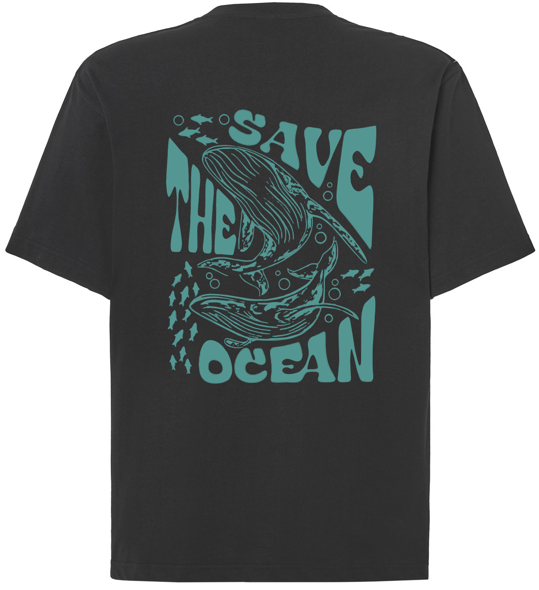T-shirt oversize z napisem na plecach save the ocean oraz wielorybami czarny