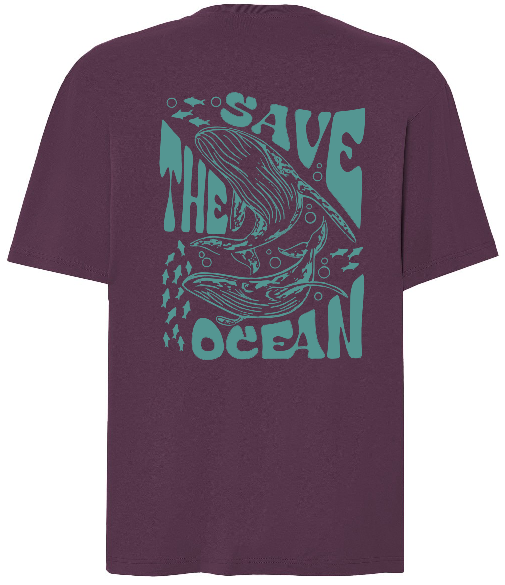 T-shirt oversize z napisem na plecach save the ocean oraz wielorybami śliwkowy