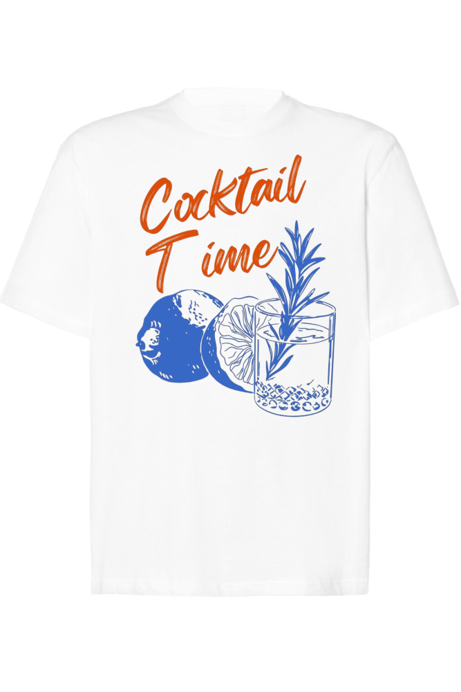 Biały t-shirt z nadrukiem coctail time z cytynami i szklanką