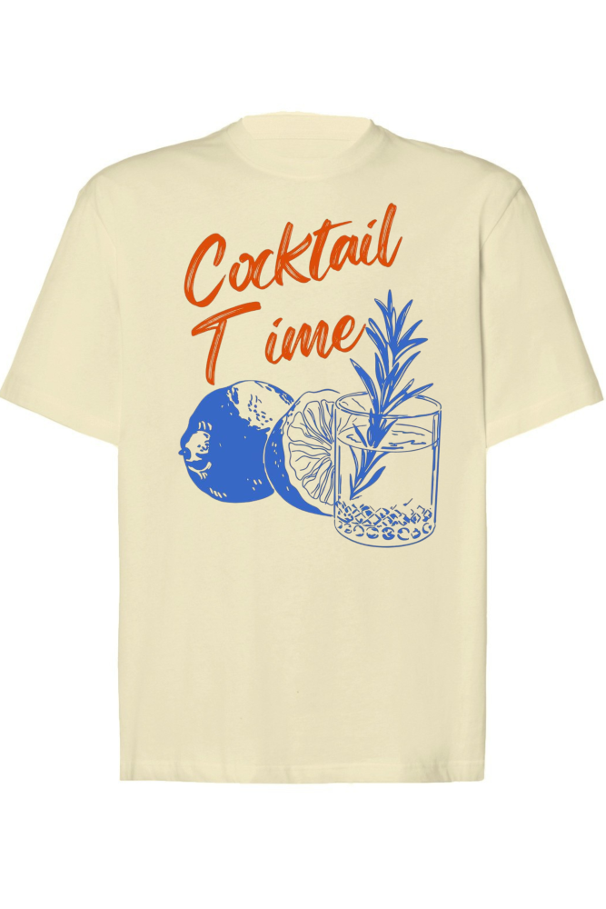 Waniliowy t-shirt z nadrukiem coctail time z cytynami i szklanką