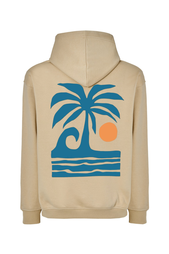 Bluza z kapturem oversize z nadrukiem na plecach palma, fala, słońce wanilia