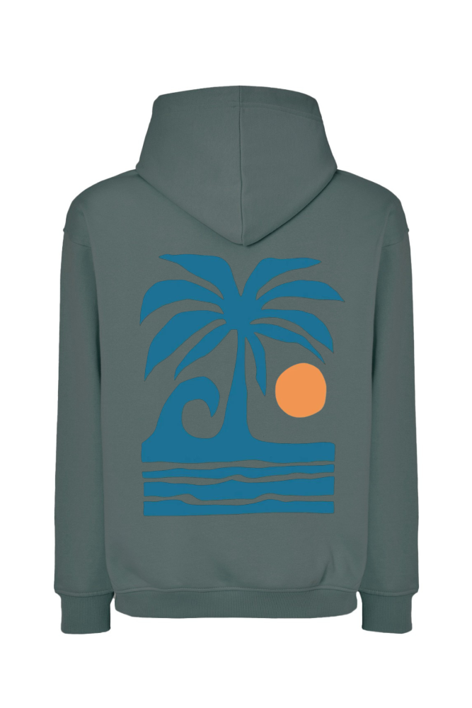 Bluza z kapturem oversize z nadrukiem na plecach palma, fala, słońce petrolowa