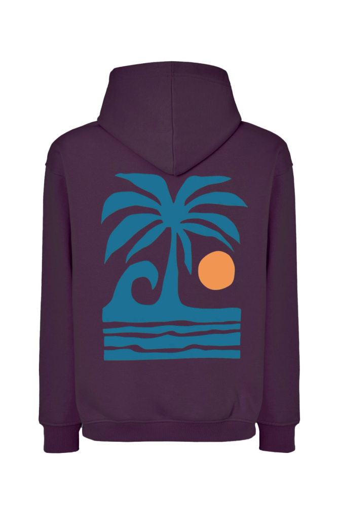 Bluza z kapturem oversize z nadrukiem na plecach palma, fala, słońce śliwkowa