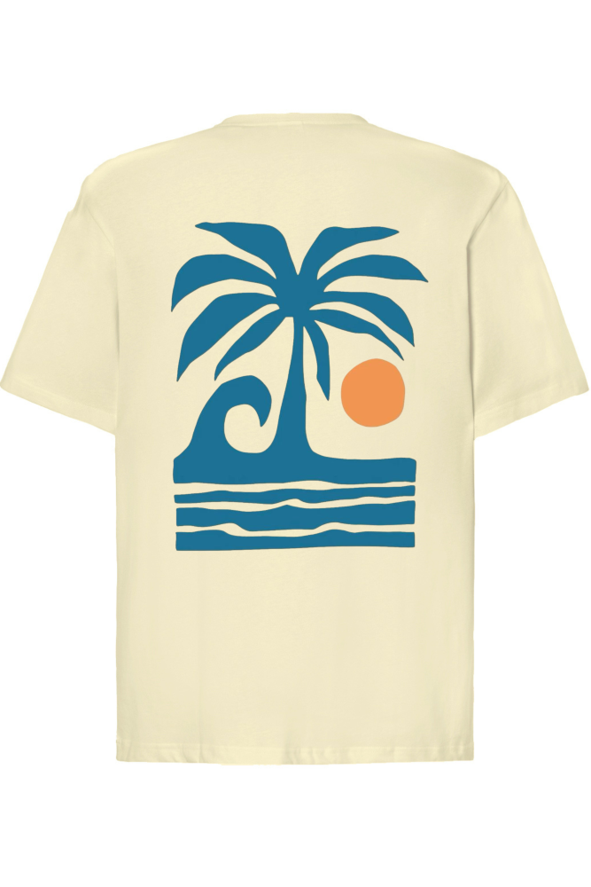 T-shirt oversize z nadrukiem na plecach palma, fala, słońce wanilia