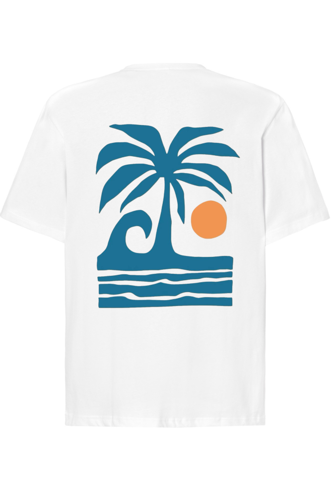 T-shirt oversize z nadrukiem na plecach palma, fala, słońce biały