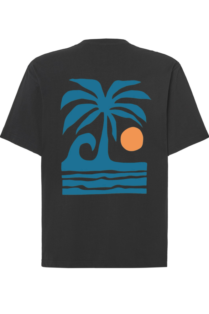T-shirt oversize z nadrukiem na plecach palma, fala, słońce czarny