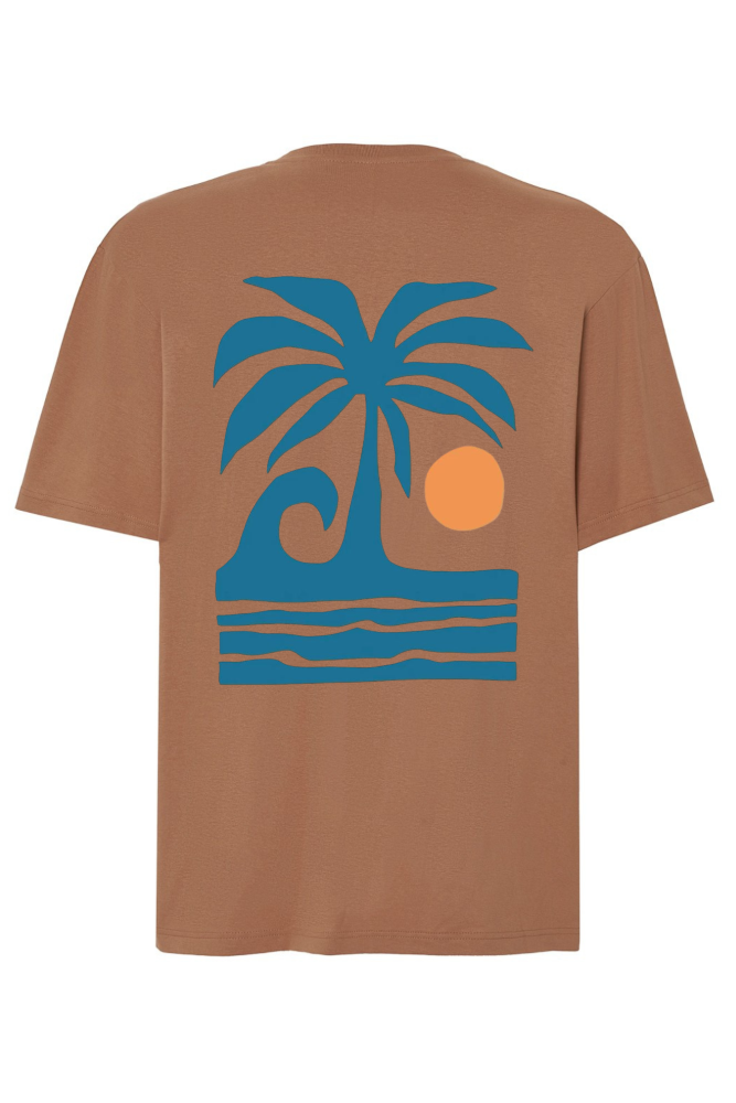 T-shirt oversize z nadrukiem na plecach palma, fala, słońce karmelowy