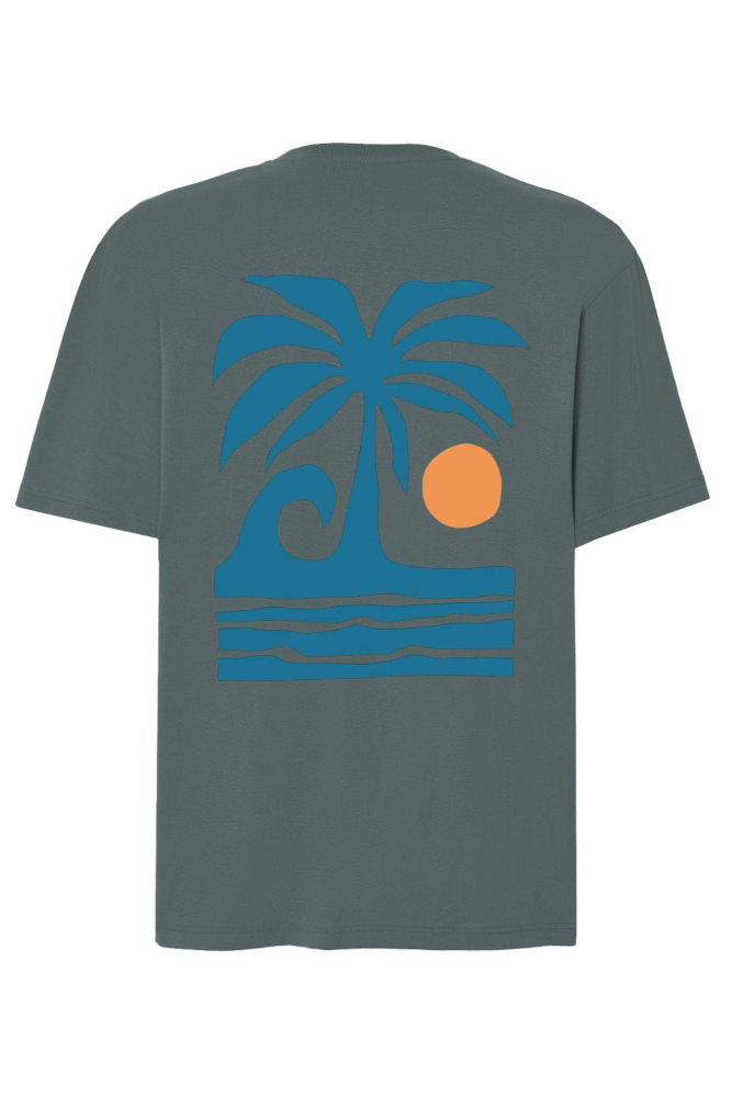 T-shirt oversize z nadrukiem na plecach palma, fala, słońce petrolowy