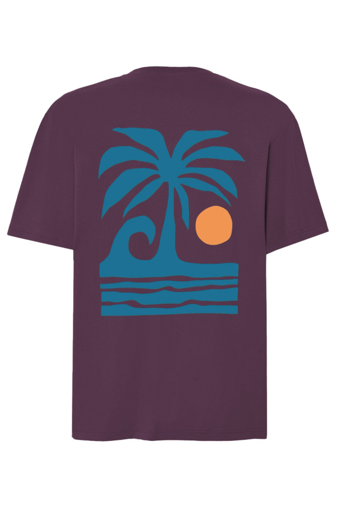 T-shirt oversize z nadrukiem na plecach palma, fala, słońce śliwkowy