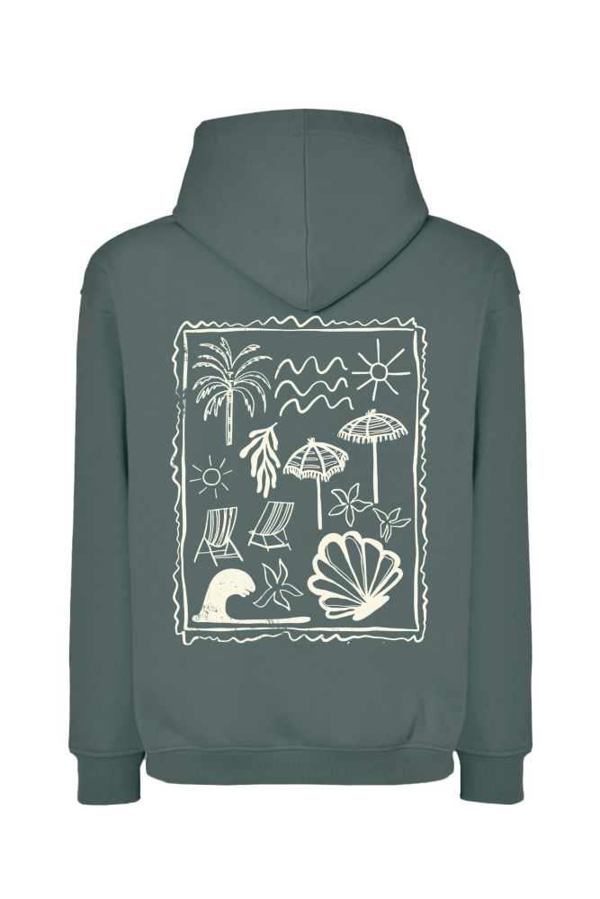 Bluza z kapturem oversize beach mood palmy, leżaki, muszle petrolowy
