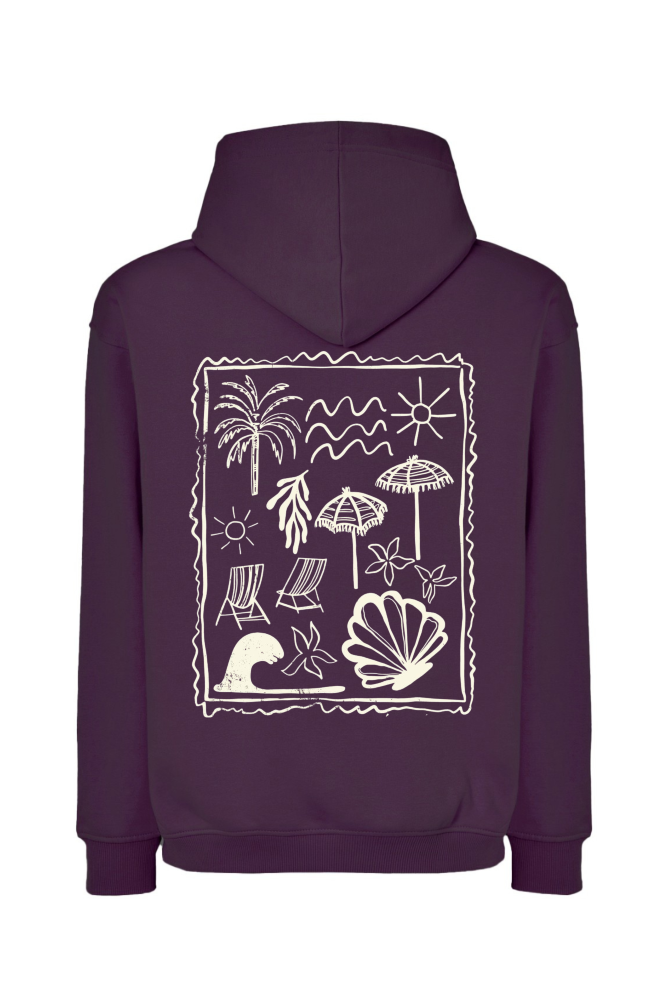 Bluza z kapturem oversize beach mood palmy, leżaki, muszle śliwkowy
