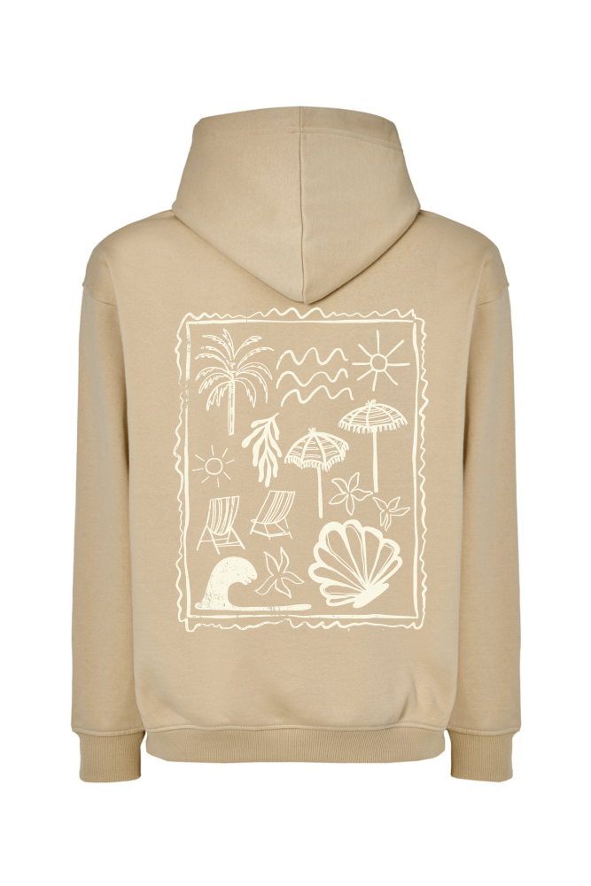 Bluza z kapturem oversize beach mood palmy, leżaki, muszle waniliowy