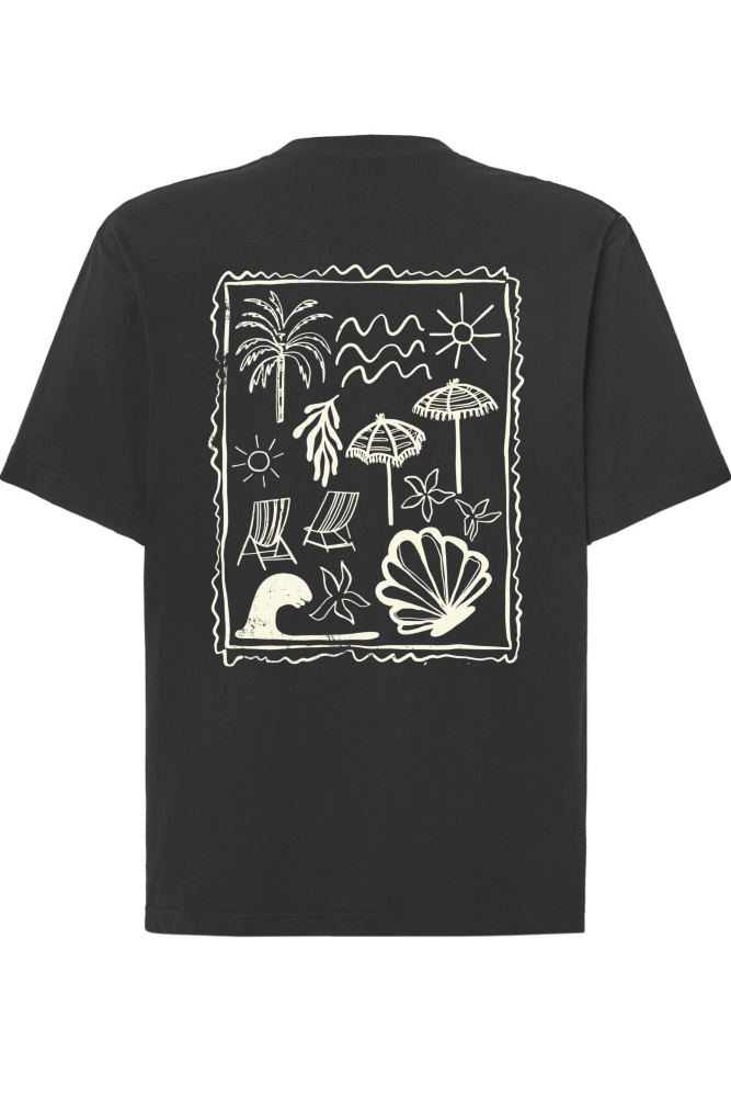 T-shirt oversize z nadrukiem na plecach beach mood palmy, leżaki, muszle czarny